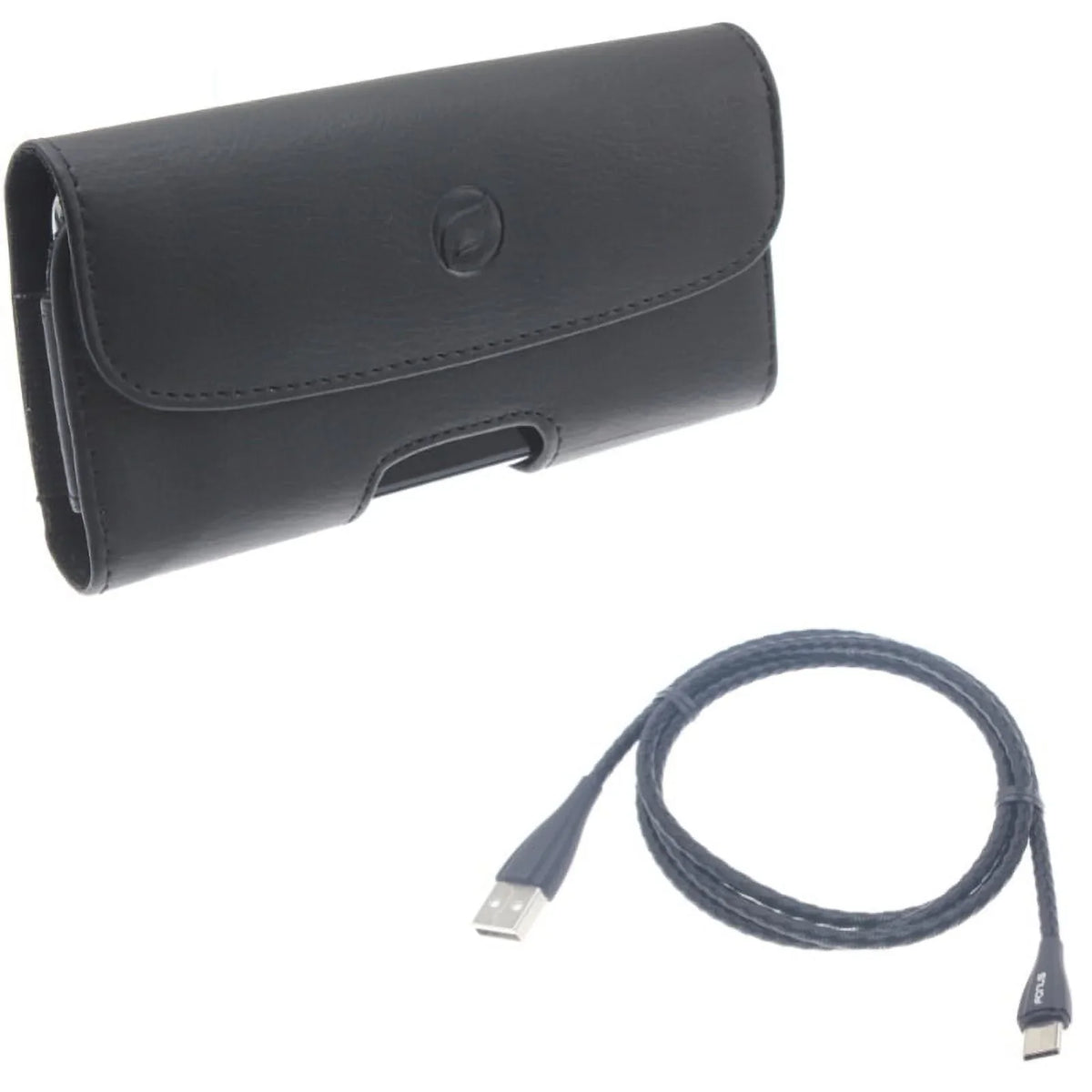 Black Horizontal Leather Case Side Cover w Metal Braided Type-C USB Cable Charger Power Cord 3ft Long USB-C Wire W2M for Razer Phone 2 - Galaxy S9 Plus S10 Plus A50 - Xperia XZ3