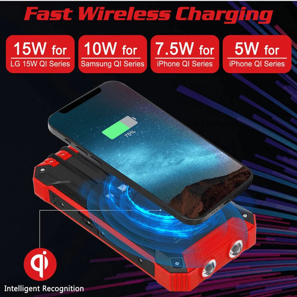 Solar Power Bank 20000mAh Built-in 4 Cables Qi Wireless Charger For Ulefone Armor 9 with LED Flashlight Solar Portable External Battery IPX4 Fluid 15W 5V/3A USB C Port 6 Outputs 3 Inputs