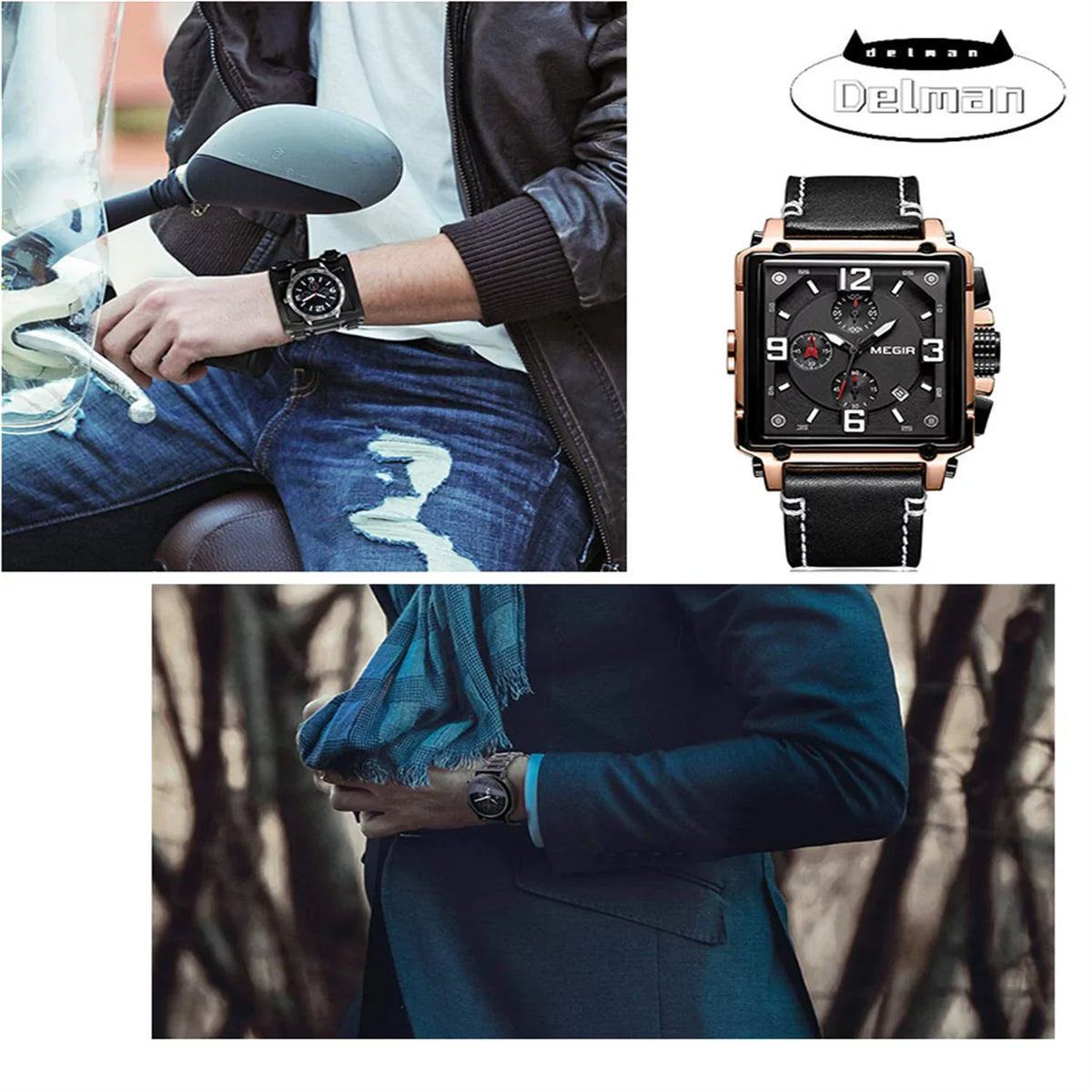 Men's Fashion Leather Strap Quartz Watches Luxury Square Dial Chronograph Wristwatch Casual Liquid Luminous Watch for Man