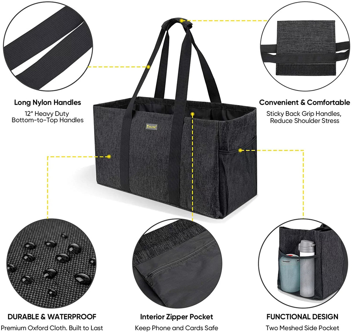 BALEINE Reusable SOFT Utility Tote with Reinforced Handles, Eco Friendly Collapsible Foldable & Washable Grocery Storage Bag, Extra Storage For Phone & Keys with Inner & Side Pockets (Black)
