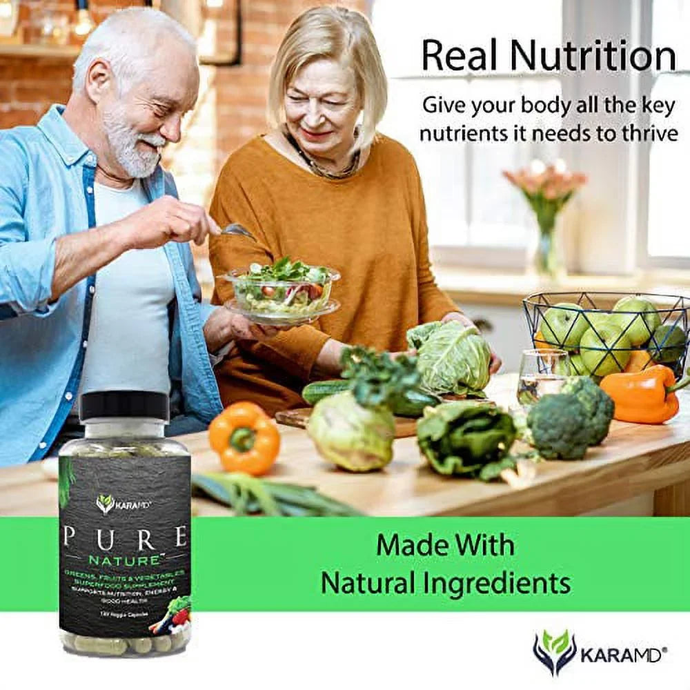 KaraMD Pure Nature | Dr Formulated Greens, Fruit & Vegetable Whole Food Health Supplement | Vitamins, Fiber & Antioxidant Superfood Nutrition | Natural Energy, Digestion & Immunity Boost, 120 Capsules