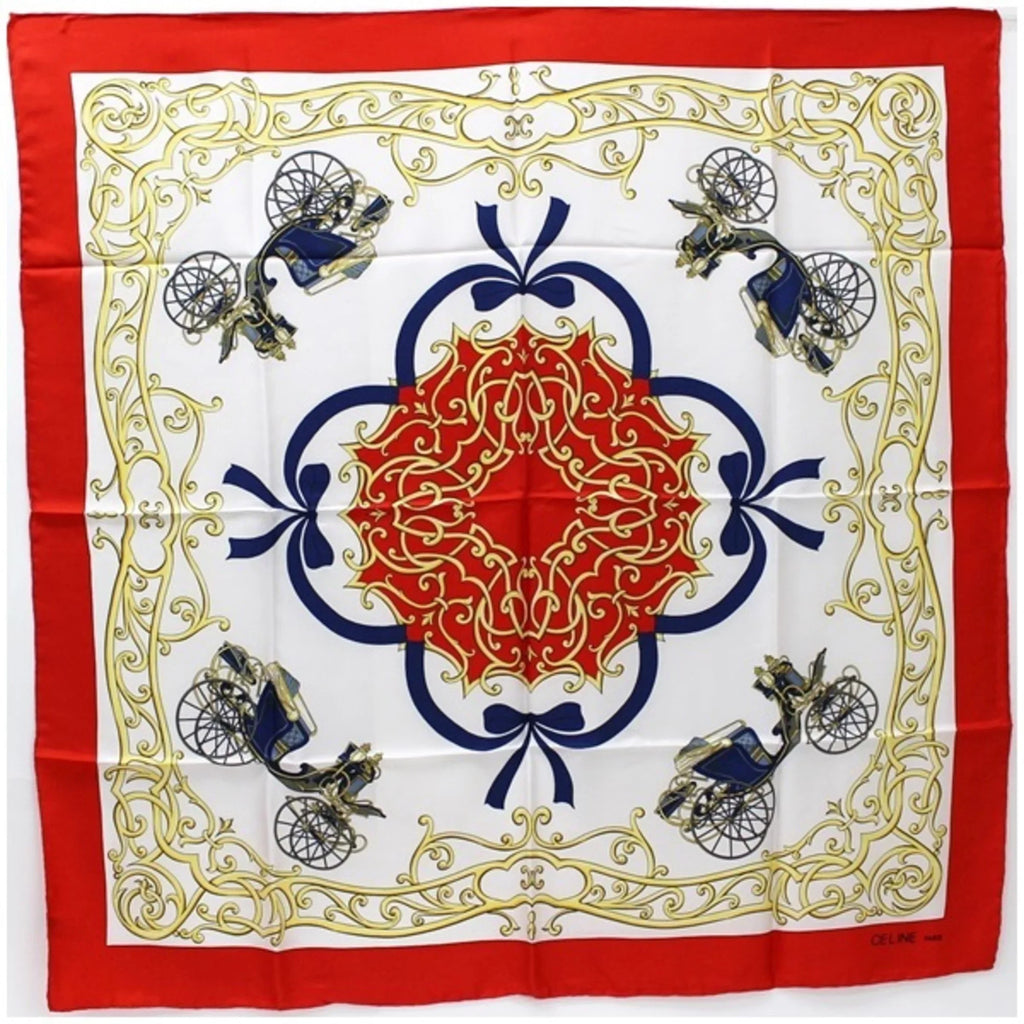 Pre-Owned Celine Silk Scarf Muffler Stole Red x White Carriage Pattern CELINE | Ladies Wall (Good)
