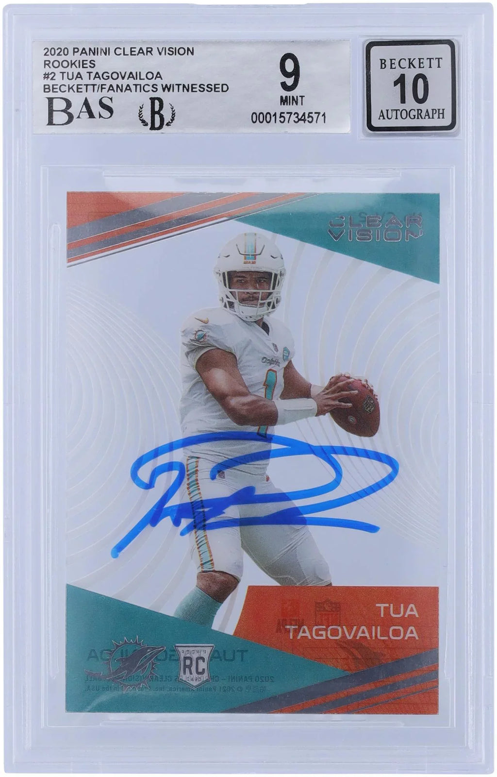 Tua Tagovailoa Miami Dolphins Autographed 2020 Panini Clear Vision Rookies #CV-2 Beckett Fanatics Witnessed Authenticated 9/10 Rookie Card - Fanatics Authentic Certified