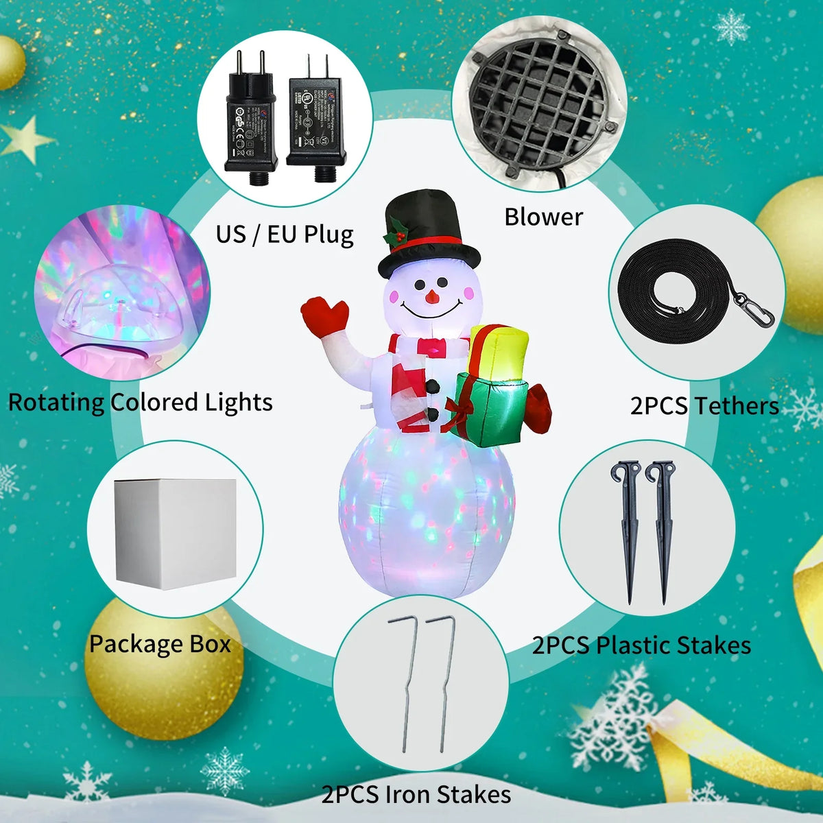 5FT Christmas Inflatables Snowman Shaped Rotating Colored Blow Up Xmas Inflatable Props With Fixed Stakes Tethers for Outdoor Garden Yard Party Decoration