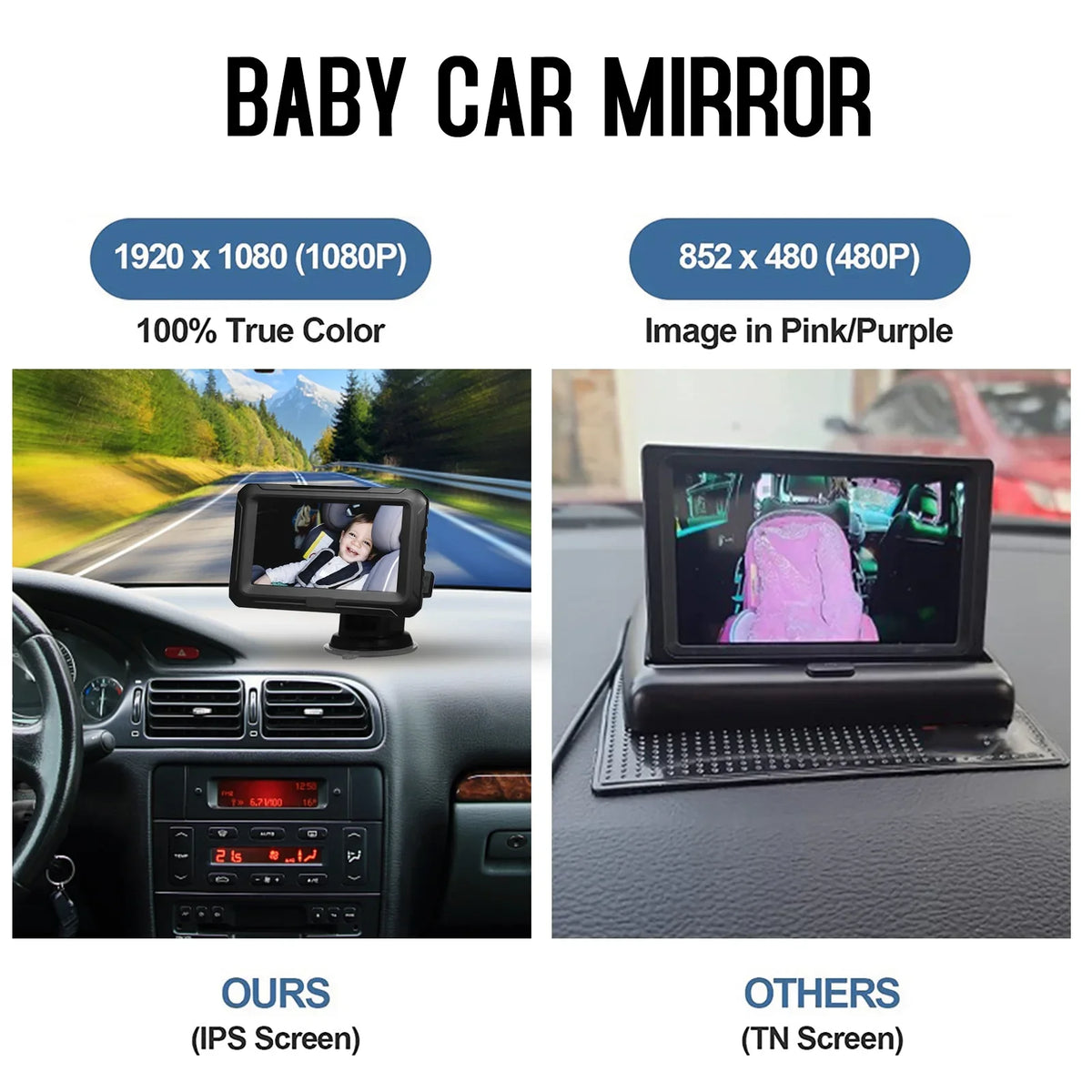 Shinysix Baby Car Mirror, 1080P Baby Monitor with Camera Baby Car Mirror with 4.3'' IPS Display Night Vision Function Adjustable Wide View Angle for Infants Kids Pets