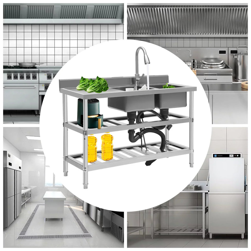 Wuzstar Commercial Utility Sink, Stainless Steel Double Bowl Kitchen Sink with Hot and Cold High Faucet