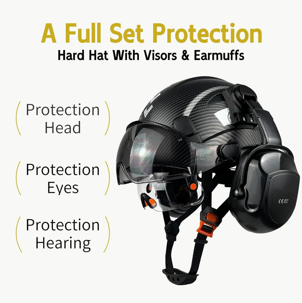 Industrial Safety Helmet with Visor Ear Muffs Hard Hat with Visor Vented OSHA Approved Hardhats Construction Work Head Protection Certified ANSI/ISEA Z89.1(Black)