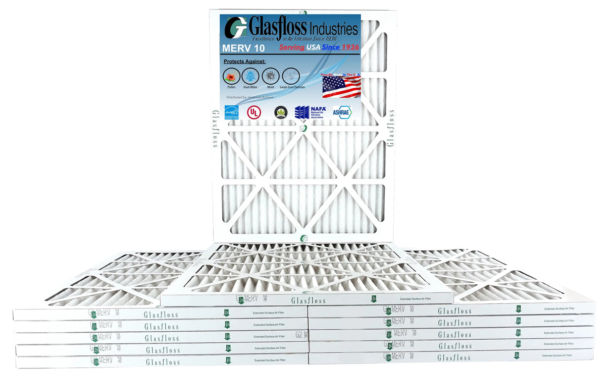 Glasfloss 15x25x1 - MERV 10 -Qty:12 - Furnace Air Filter - Made in USA (Actual Size: 14.5 x 24.5x7/8 inch)
