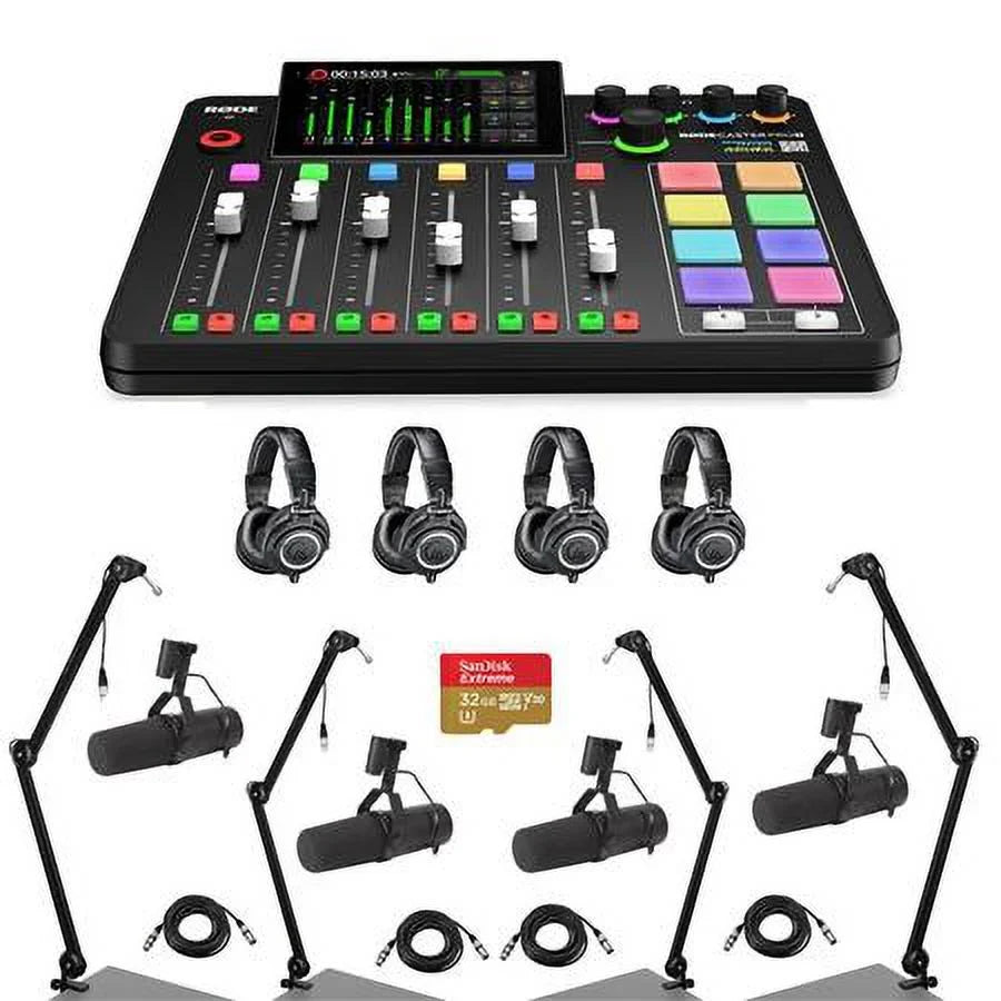 RODECaster Pro II Integrated Audio Production Studio Console Bundle with 4x SM7B Mic, 4x ATH-M50x Headphones, 4x Broadcast Arm, 4x M to F XLR Cable, 32BG microSD Card