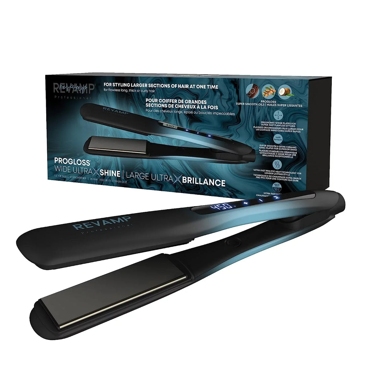 Revamp Progloss Wide Ultra X Shine 1.5-Inch Flat Iron Hair Straightener – Ceramic Hair Straightener with Keratin, Argan & Coconut Oil Pre-owned Ceramic & Ionic Plates, Ideal for Long, Thick, Curly Hair