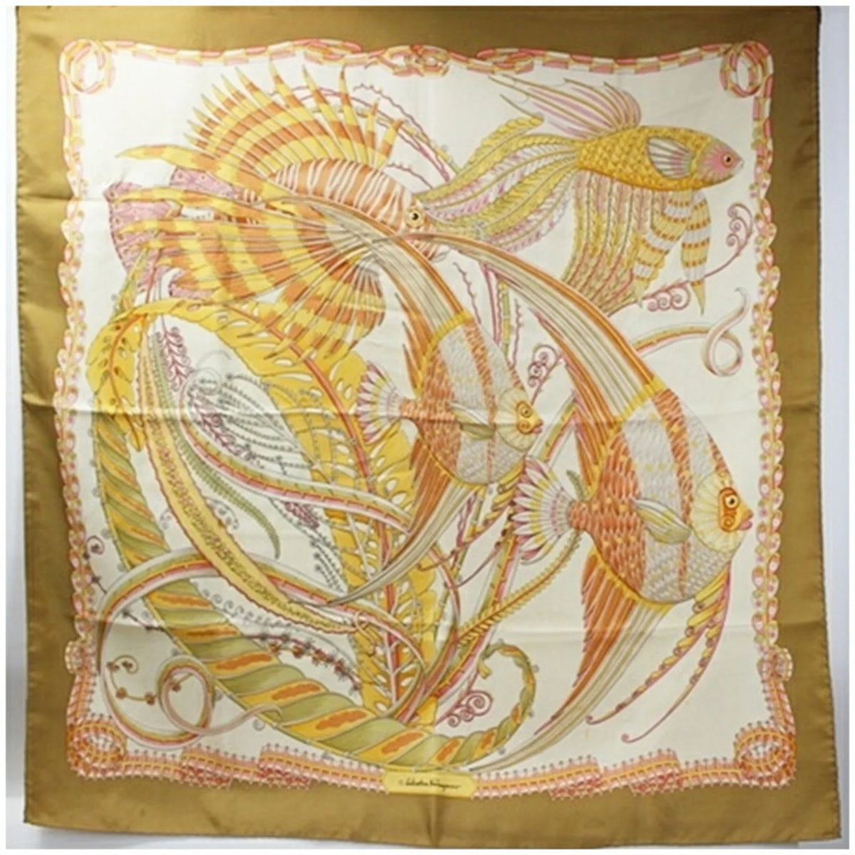 Pre-Owned Salvatore Ferragamo Silk Scarf Muffler Fish Pattern Beige SALVATORE FERRAGAMO Women's (Good)