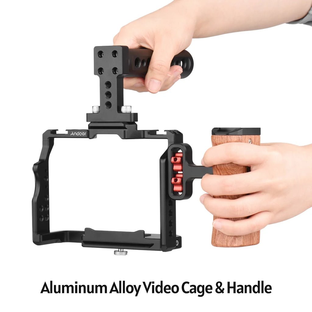 Andoer Video Cage + Handle + Side Wooden Grip Kit Aluminum Alloy with Dual Cold Shoe Mounts Numerous 14 Inch Threads Replacement for A7IV/ A7III/ A7II/ A7R III/ A7R II/ A7S II