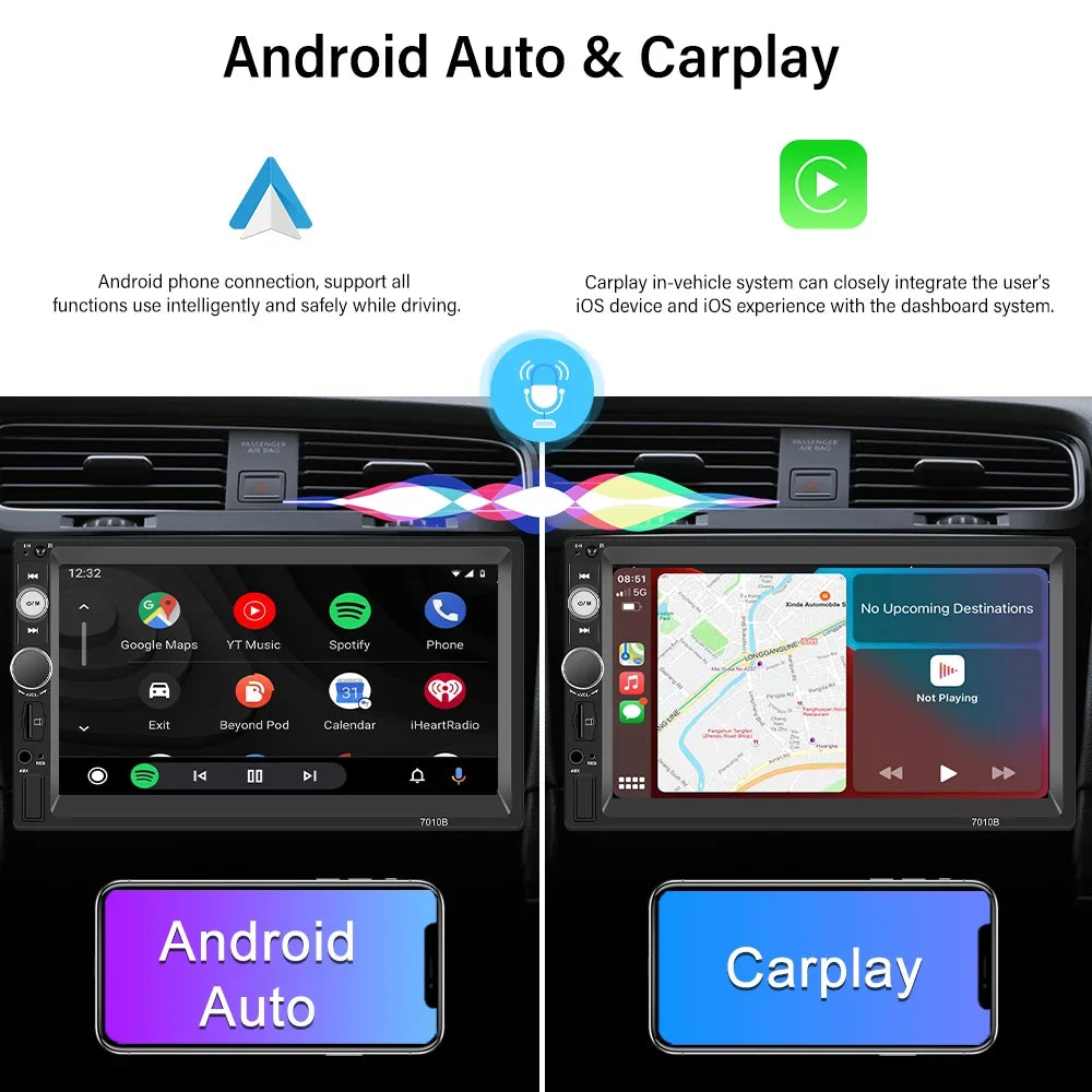 Podofo Double 2 Din 7'' Universal Car Stereo Radio Carplay Android Auto Mirror Link HD Touch Display Car Audio Multimedia Player MP3 MP5 Bluetooth FM USB(Rear Camera Not Included)