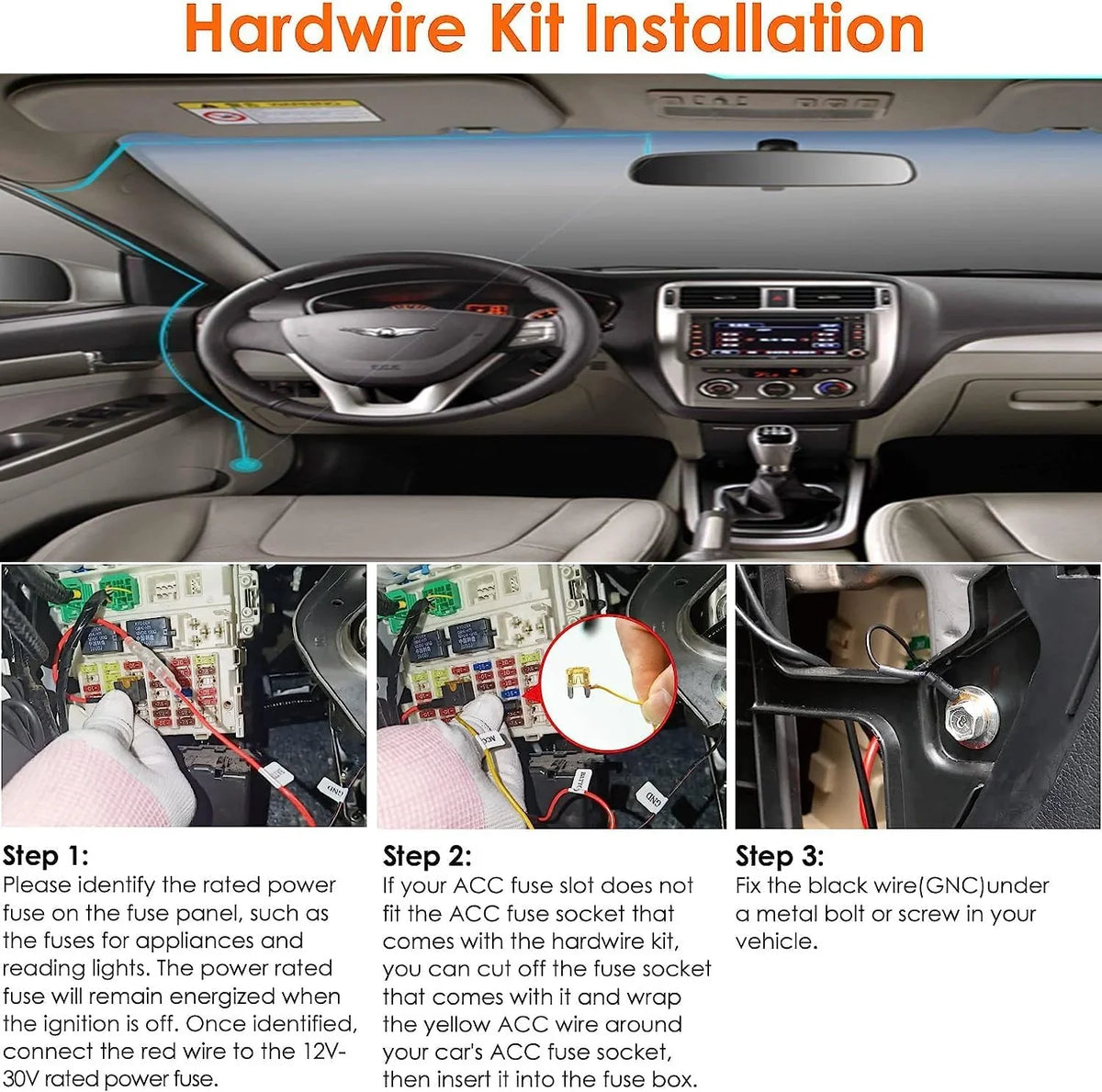 Dash Cam Hardwire Kit Type C USB Car Dash Camera Charger Power Cord 12V to 30V Input, 5V 3A Output Compatible