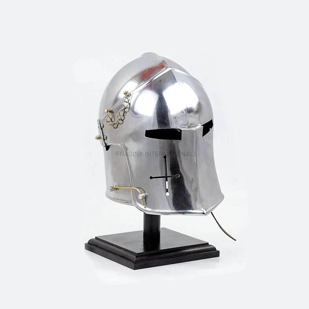 Nagina International Medieval Barbuta Visored Brushed Steel Knights Armory Templar Crusader's Helmet On Black Wooden Base | Props & Costumes Helm For Larpers