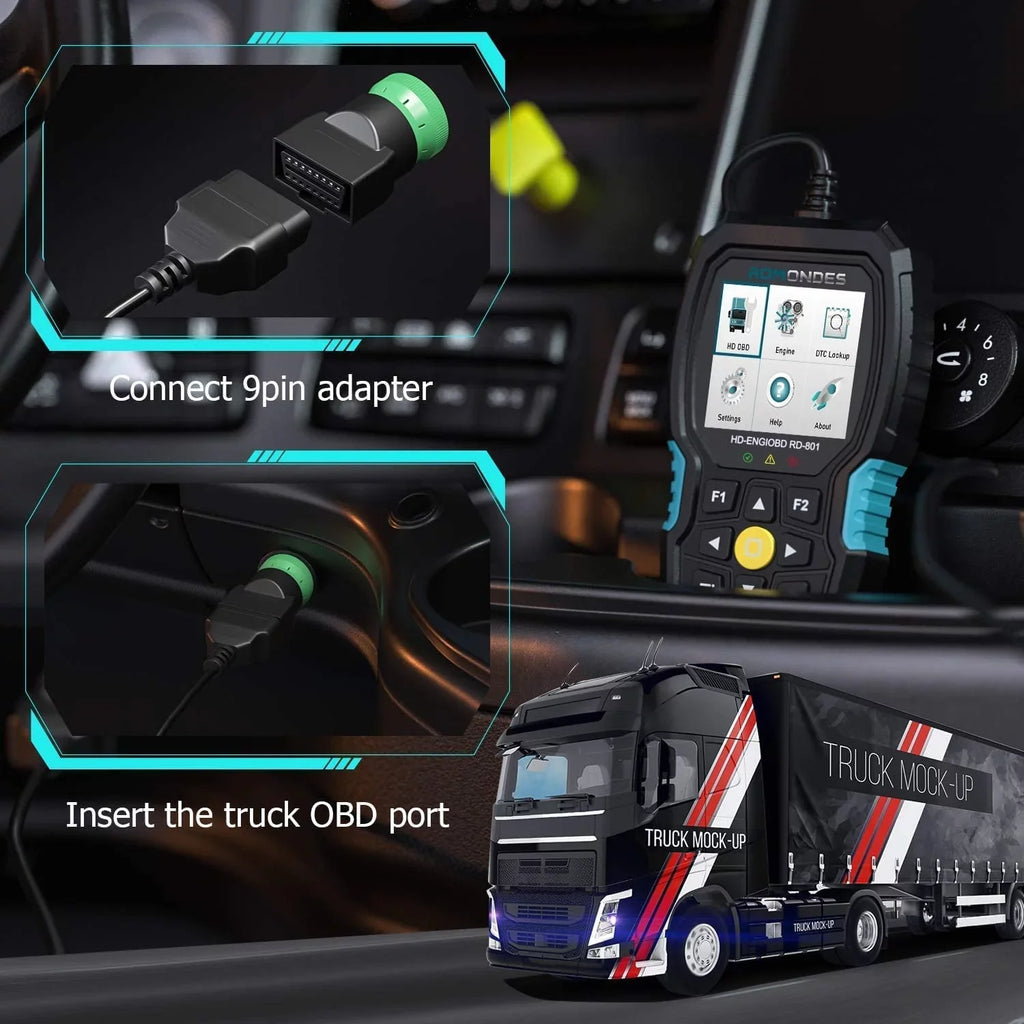 Romondes RD801 Heavy Duty Truck Scanner Diesel OBD Scan Tool EOBD HD OBD OBD2 Scanner Truck & Car 2 in 1 Code Reader Auto Diagnostic Tool Check Engine for Cummins, Scania, Man, Hino, Fuso, UD , DAF