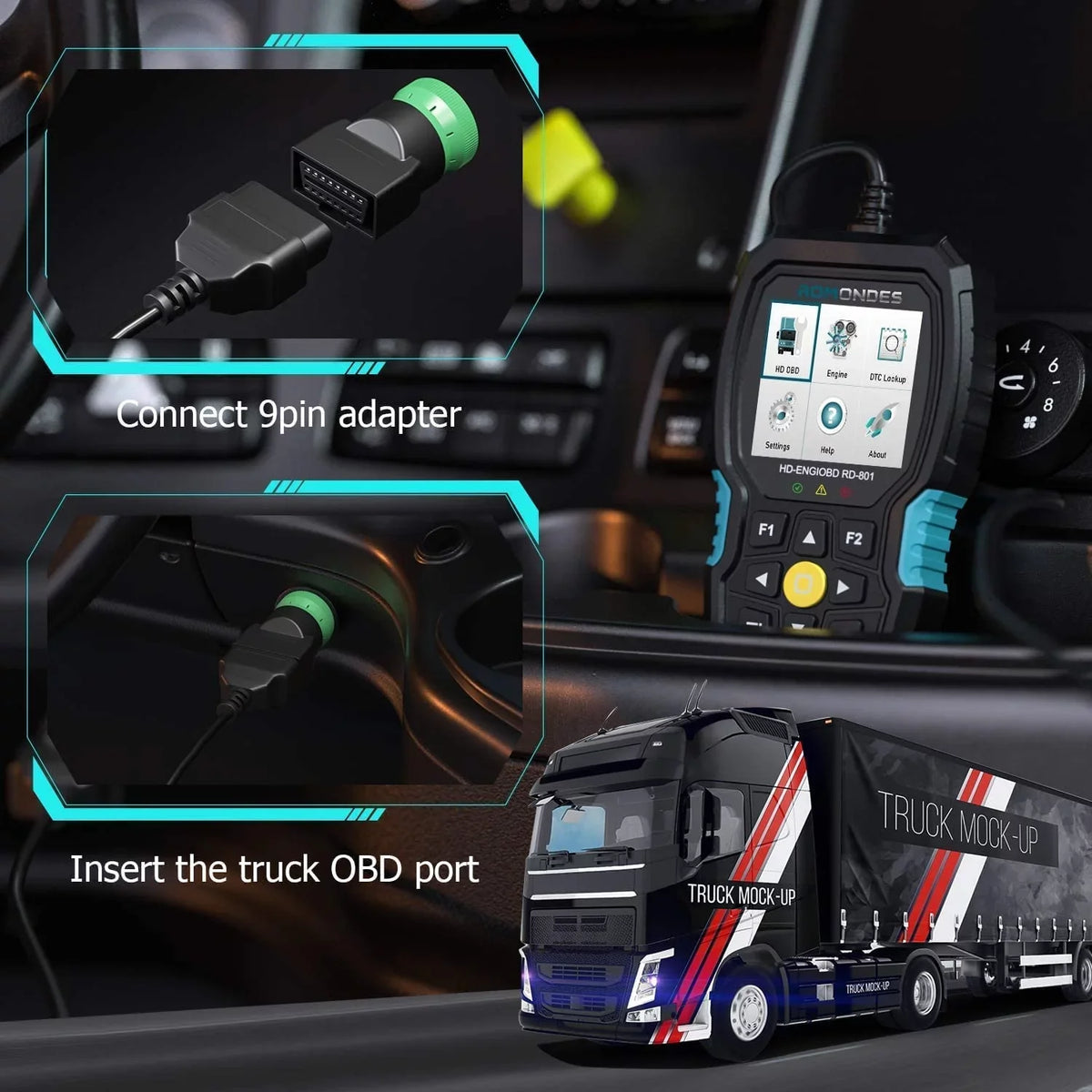 Romondes RD801 Heavy Duty Truck Scanner Diesel OBD Scan Tool EOBD HD OBD OBD2 Scanner Truck & Car 2 in 1 Code Reader Auto Diagnostic Tool Check Engine for Cummins, Scania, Man, Hino, Fuso, UD , DAF