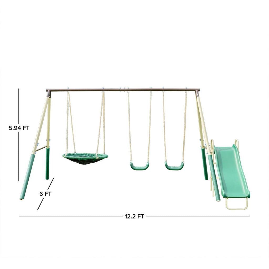 Sportspower Super Saucer Metal Swing Set with Padded Saucer Swing, Lifetime Warranty on Blow Molded Slide, and BONUS Anchor Kit