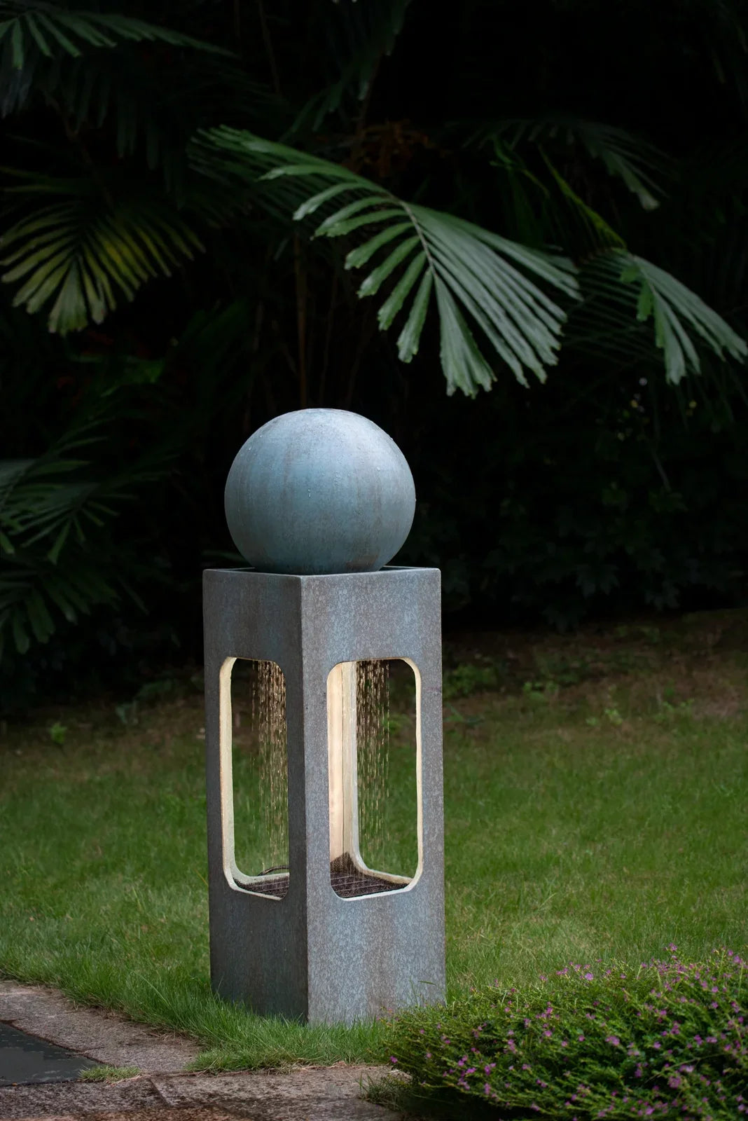 CoSoTower 13X13X44" Tall Contemporary Sphere Outdoor Liquid Fountain, Cement/Concrete Outdoor Fountain, Antique Blue Raindrop Liquid Feature with Light for Garden, Lawn, Deck & Patio