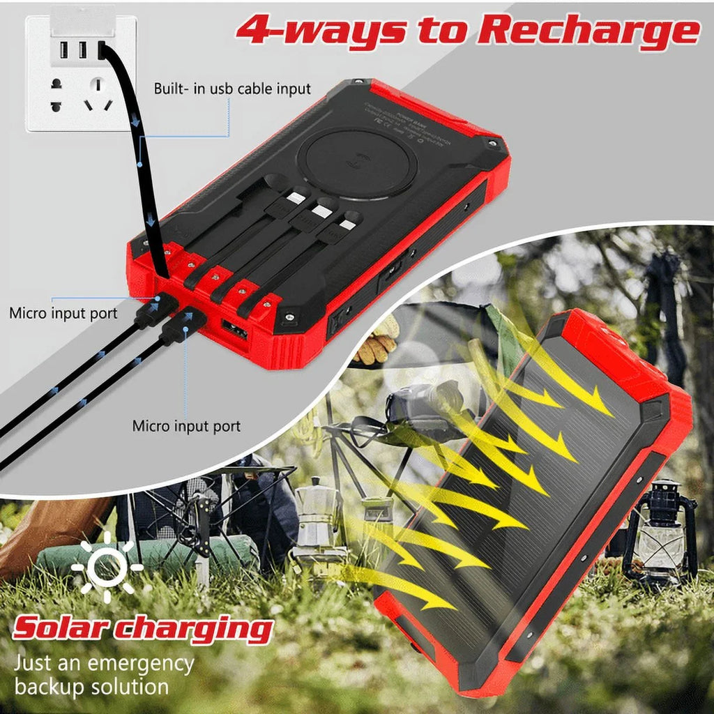 Solar Power Bank 20000mAh Built-in 4 Cables Qi Wireless Charger For Ulefone Armor 9 with LED Flashlight Solar Portable External Battery IPX4 Fluid 15W 5V/3A USB C Port 6 Outputs 3 Inputs