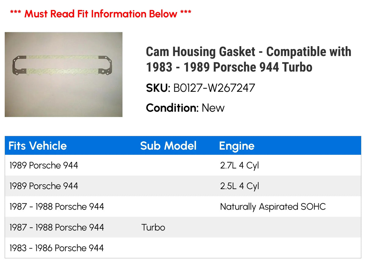 Cam Housing Gasket - Compatible with 1983 - 1989 Porsche 944 Turbo 1984 1985 1986 1987 1988