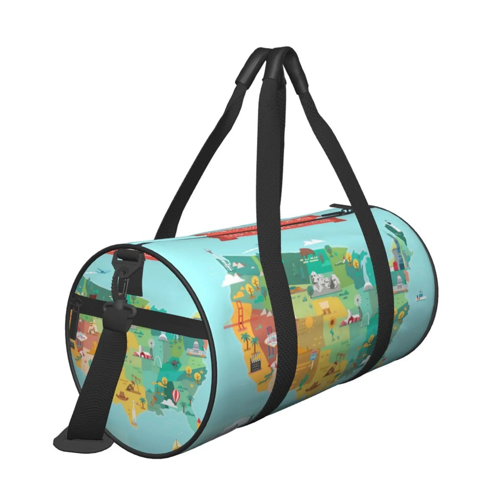 Coaee USA Tourist Map Large Capacity Travel Luggage Bag Cylinder Gym Bag Liquid Sports Bag with Pocket and Compartment