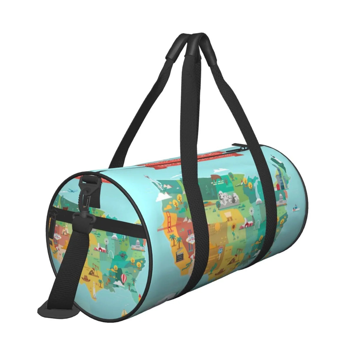 Coaee USA Tourist Map Large Capacity Travel Luggage Bag Cylinder Gym Bag Liquid Sports Bag with Pocket and Compartment