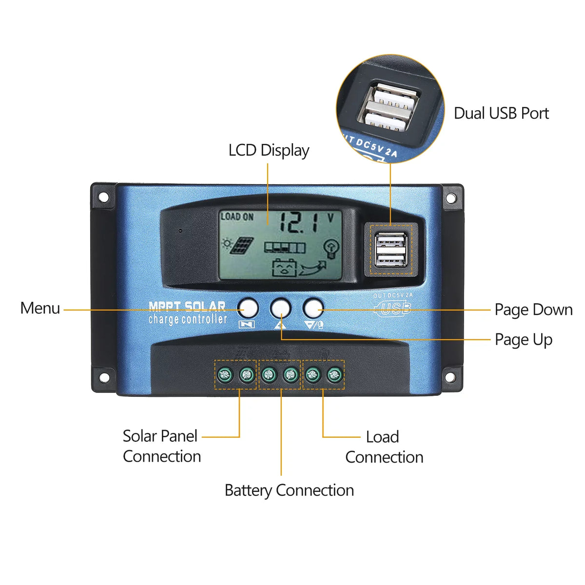 Dazzduo Controller,Dual USB Output LCD Display Display 5V/2A Solar Identification 5V/2A Dual Dual USB Solar Dual USB Solar USB Output 12V/24V 5V/2A Dual USB
