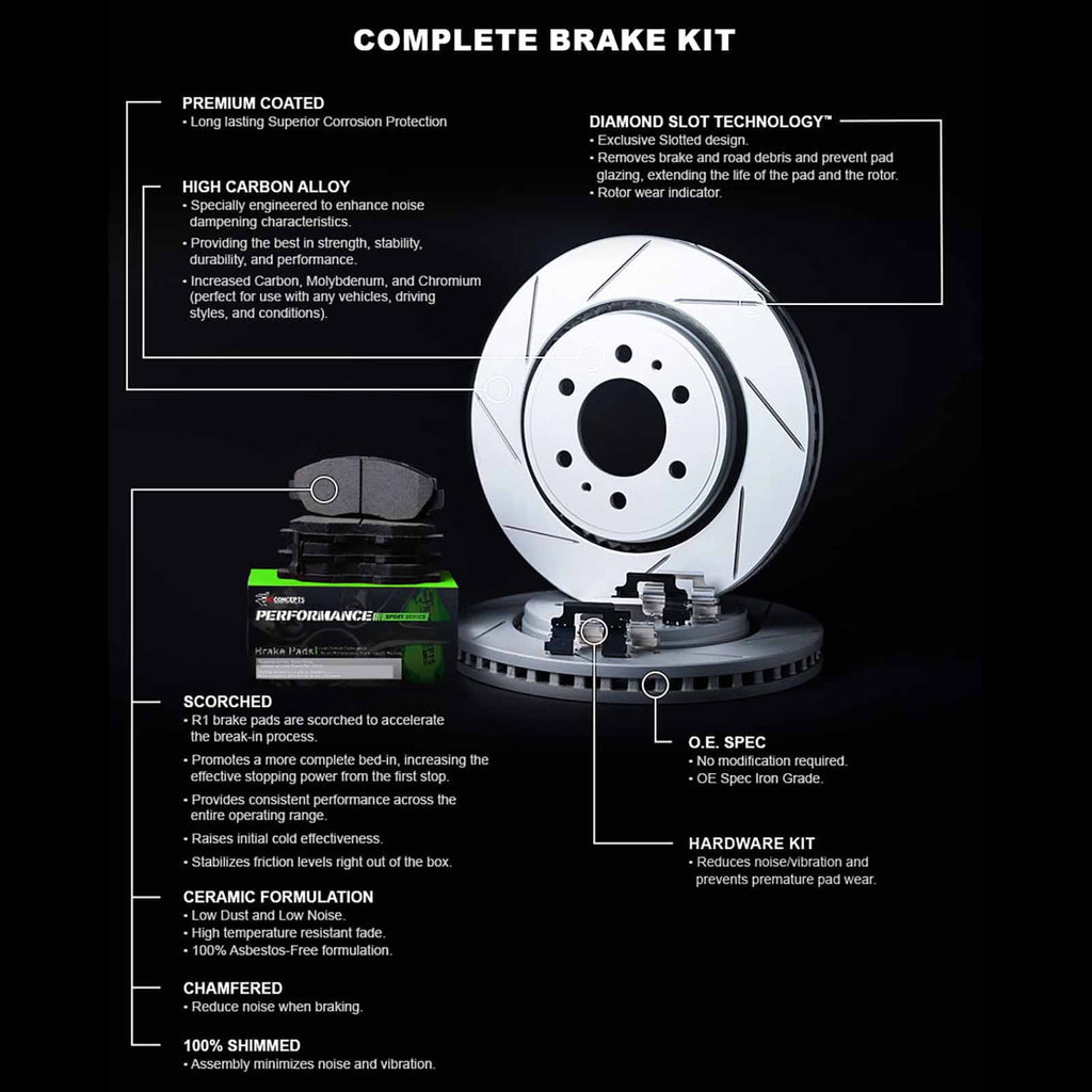 R1 Concepts Front Brakes and Rotors Kit |Front Brake Pads| Brake Rotors and Pads| Functionality Sport Brake Pads and Rotors| Hardware Kit|fits 2007-2015 INFINITI G35, G37, Q60