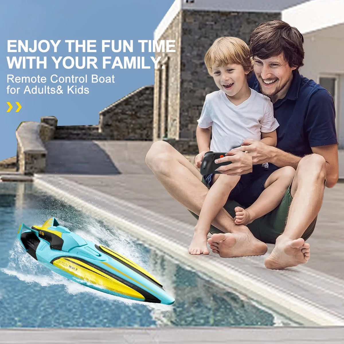 4DRC S1 RC Boat - Remote Control Boat for Pools and Lakes, 4 Channel 2.4GHZ Remote Control, and Rechargeable Boat Battery，Yellow