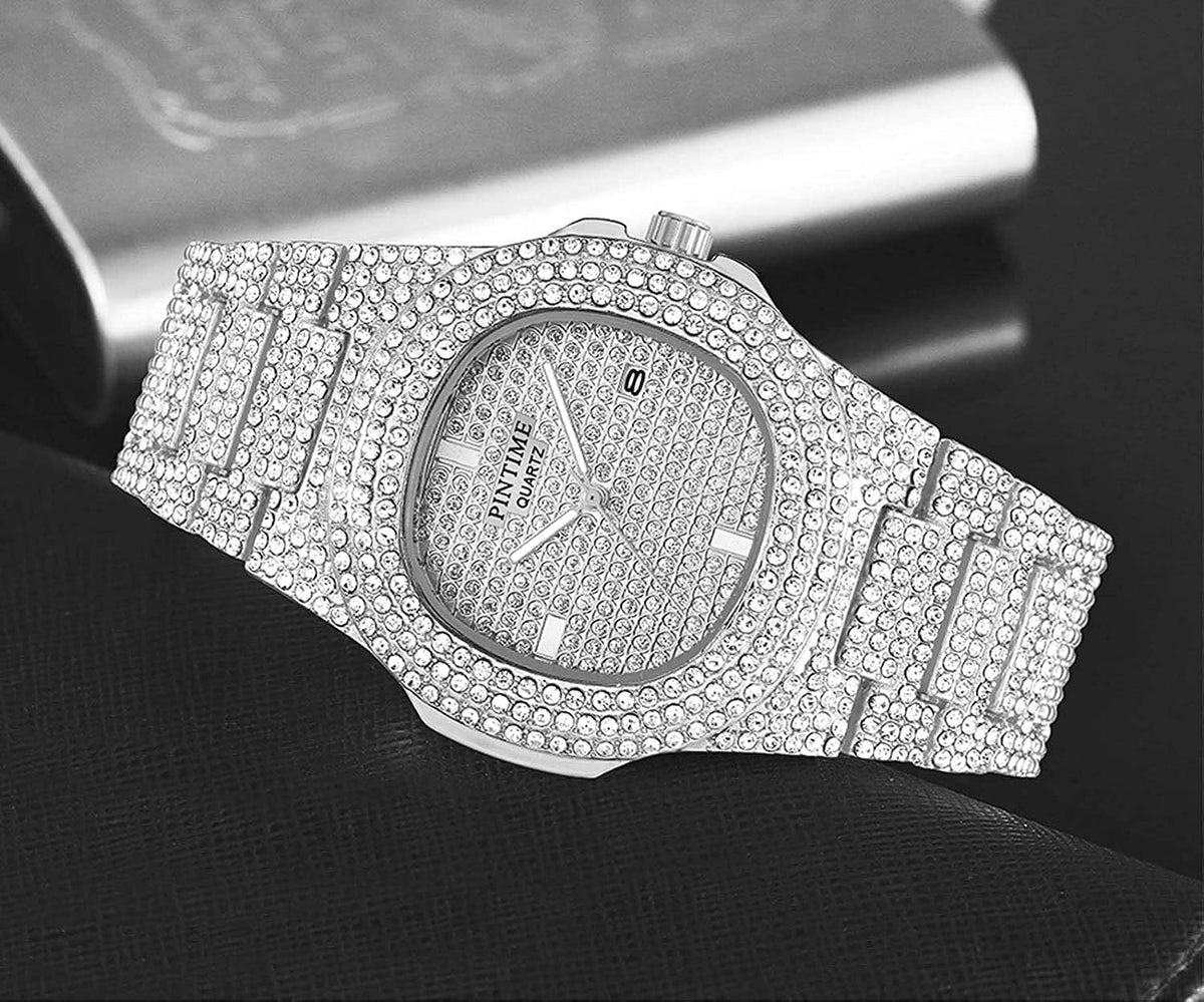 Gosasa Luxury Unisex Watches Crystal Diamond Stainless Steel Watches Quartz Calendar Big Face Wrist Watch for Women Men