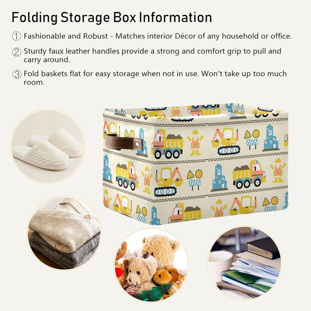 Coolnut Cartoon Construction Truck Storage Basket, Tough Canvas Organizer With Handles Large Collapsible Storage Bins Boxes for Home Office - 2 Pack