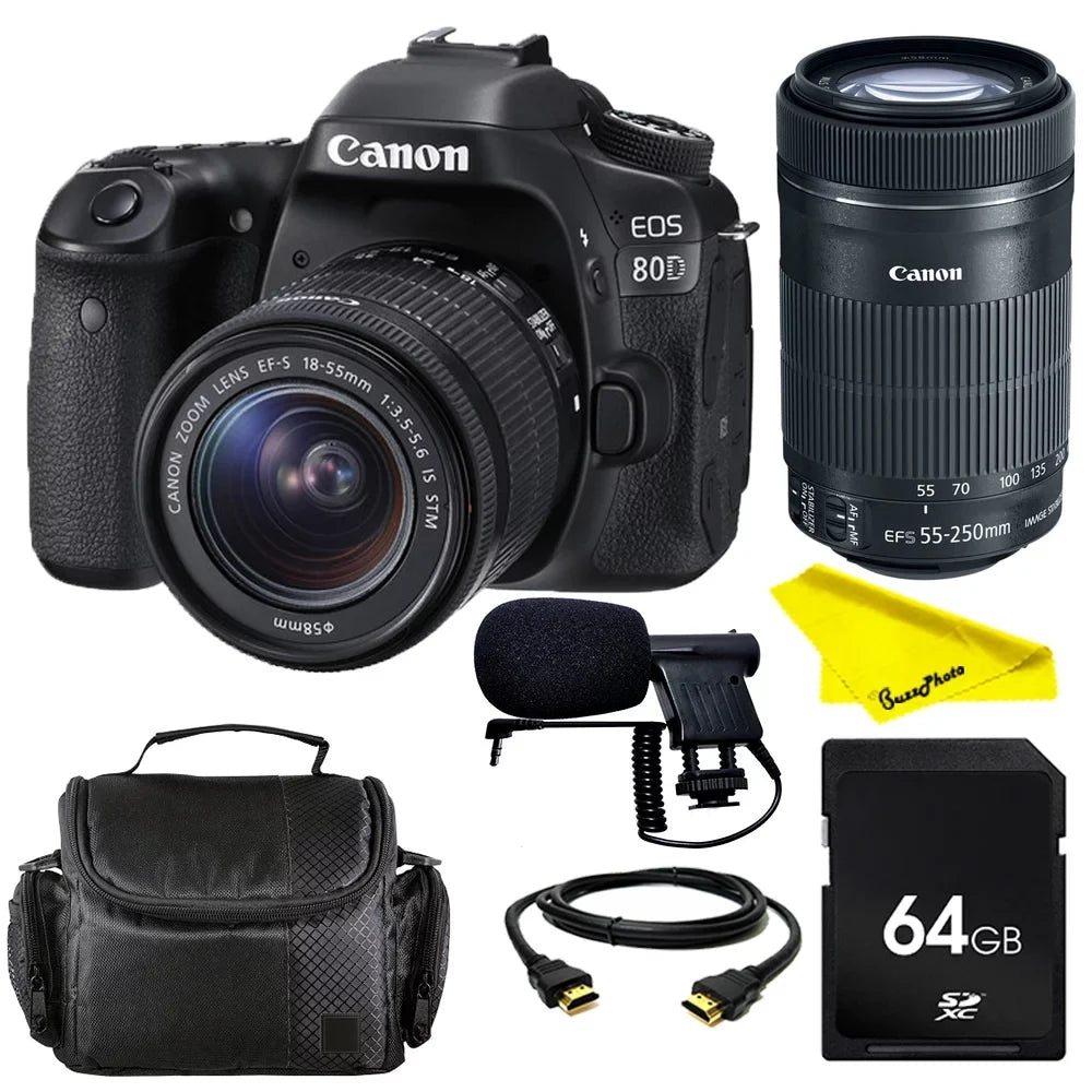 EOS 80D DSLR Camera with 18-55mm IS STM & 55-250 IS STM Lenses + SD Card + Buzz-Photo Video Creator Bundle