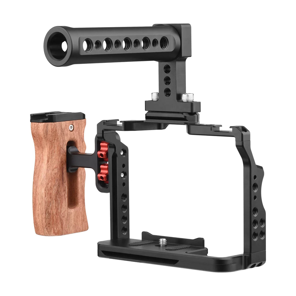Andoer Video Cage + Handle + Side Wooden Grip Kit Aluminum Alloy with Dual Cold Shoe Mounts Numerous 14 Inch Threads Replacement for A7IV/ A7III/ A7II/ A7R III/ A7R II/ A7S II