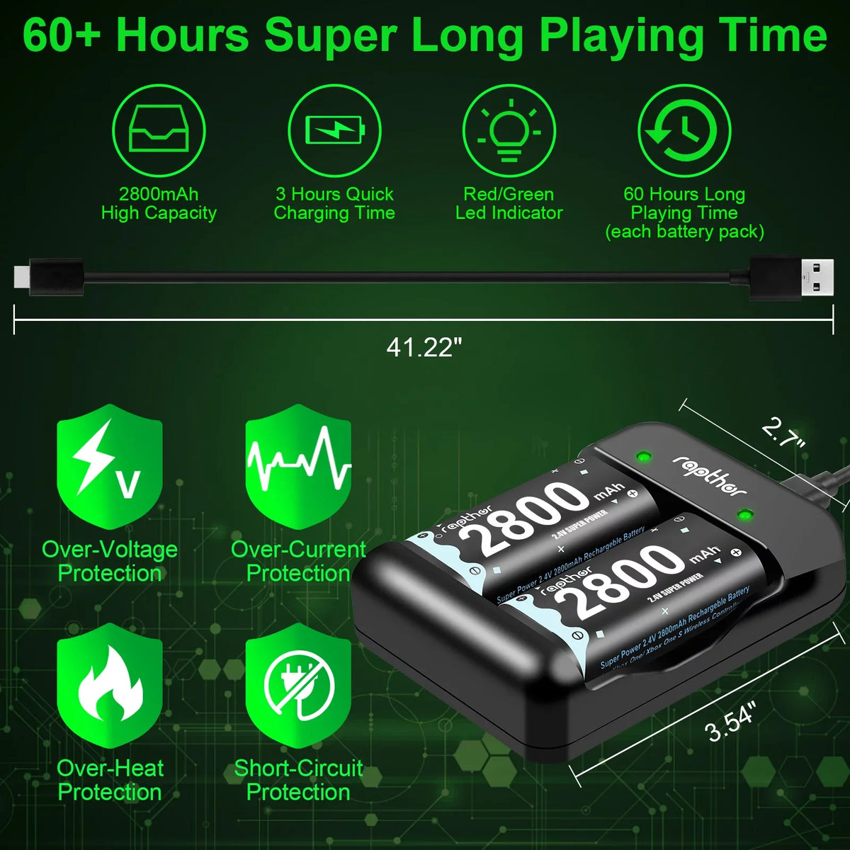 Rapthor 2800 mAh Controller Battery Pack for Xbox One/Xbox Series X/Xbox One S/Xbox One X/Xbox One Elite, 4 x 2800 mAh Rechargeable Battery