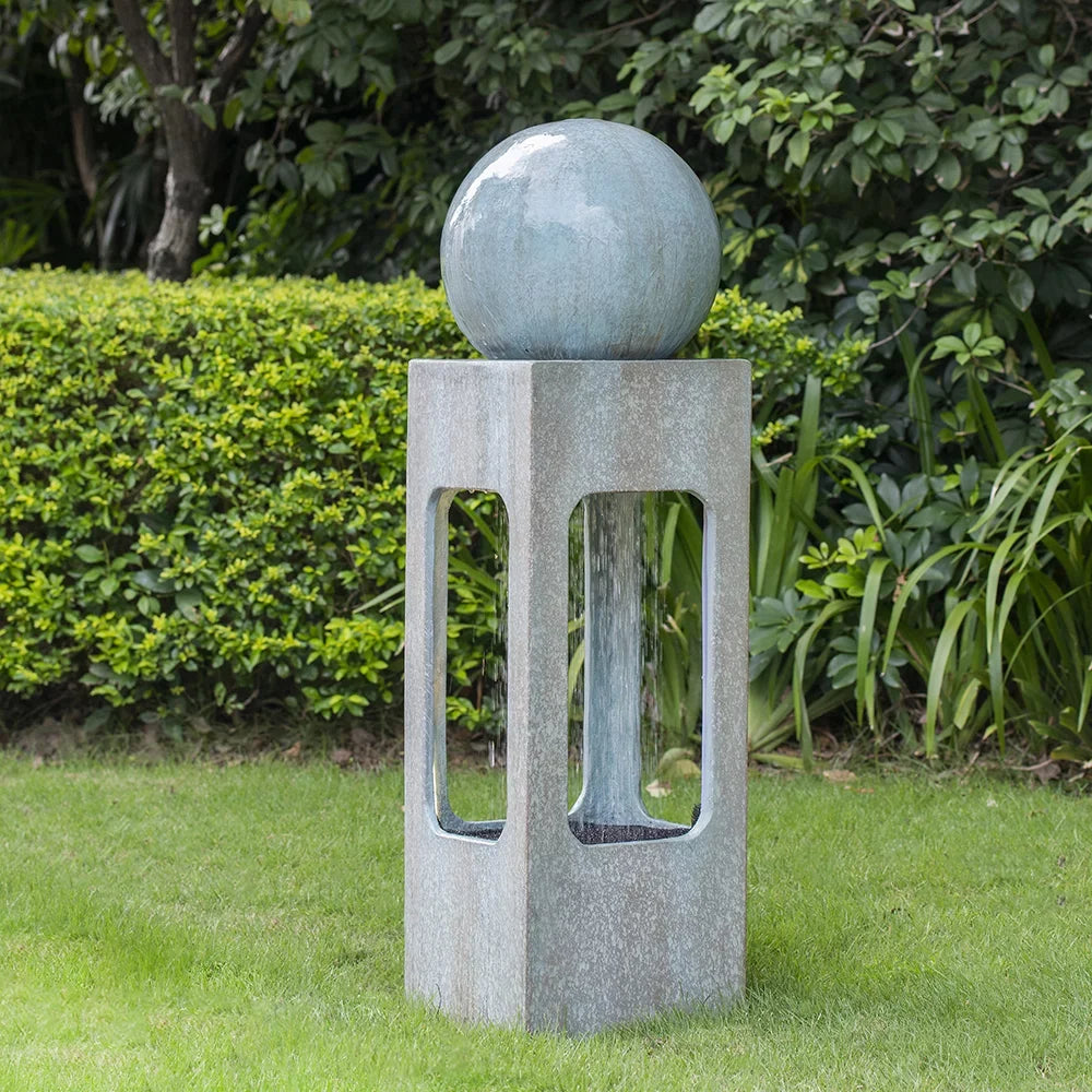 CoSoTower 13X13X44" Tall Contemporary Sphere Outdoor Liquid Fountain, Cement/Concrete Outdoor Fountain, Antique Blue Raindrop Liquid Feature with Light for Garden, Lawn, Deck & Patio