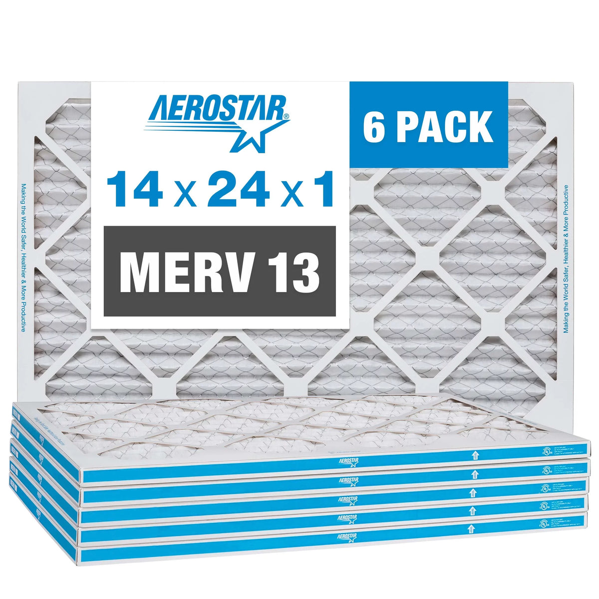 Aerostar 14x24x1 MERV 13, Pleated Air Filter, 14x24x1, Box of 6, Made in the USA
