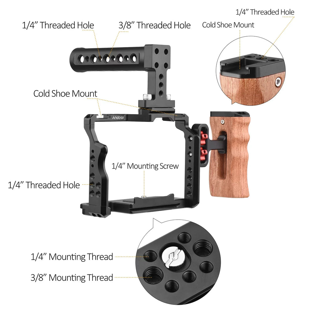 Andoer Video Cage + Handle + Side Wooden Grip Kit Aluminum Alloy with Dual Cold Shoe Mounts Numerous 14 Inch Threads Replacement for A7IV/ A7III/ A7II/ A7R III/ A7R II/ A7S II