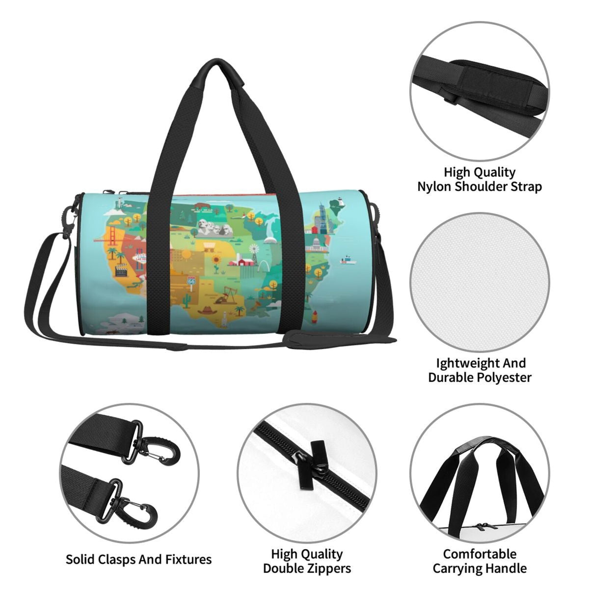Coaee USA Tourist Map Large Capacity Travel Luggage Bag Cylinder Gym Bag Liquid Sports Bag with Pocket and Compartment