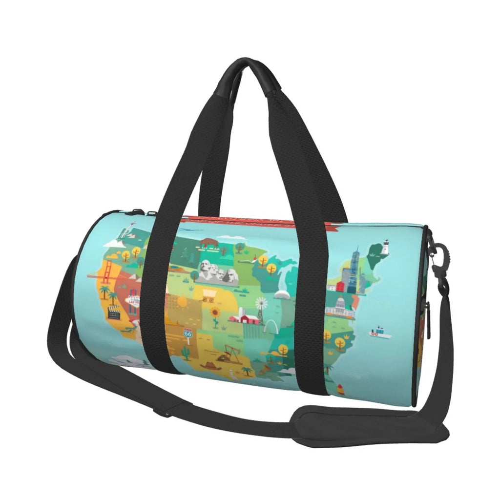 Coaee USA Tourist Map Large Capacity Travel Luggage Bag Cylinder Gym Bag Liquid Sports Bag with Pocket and Compartment