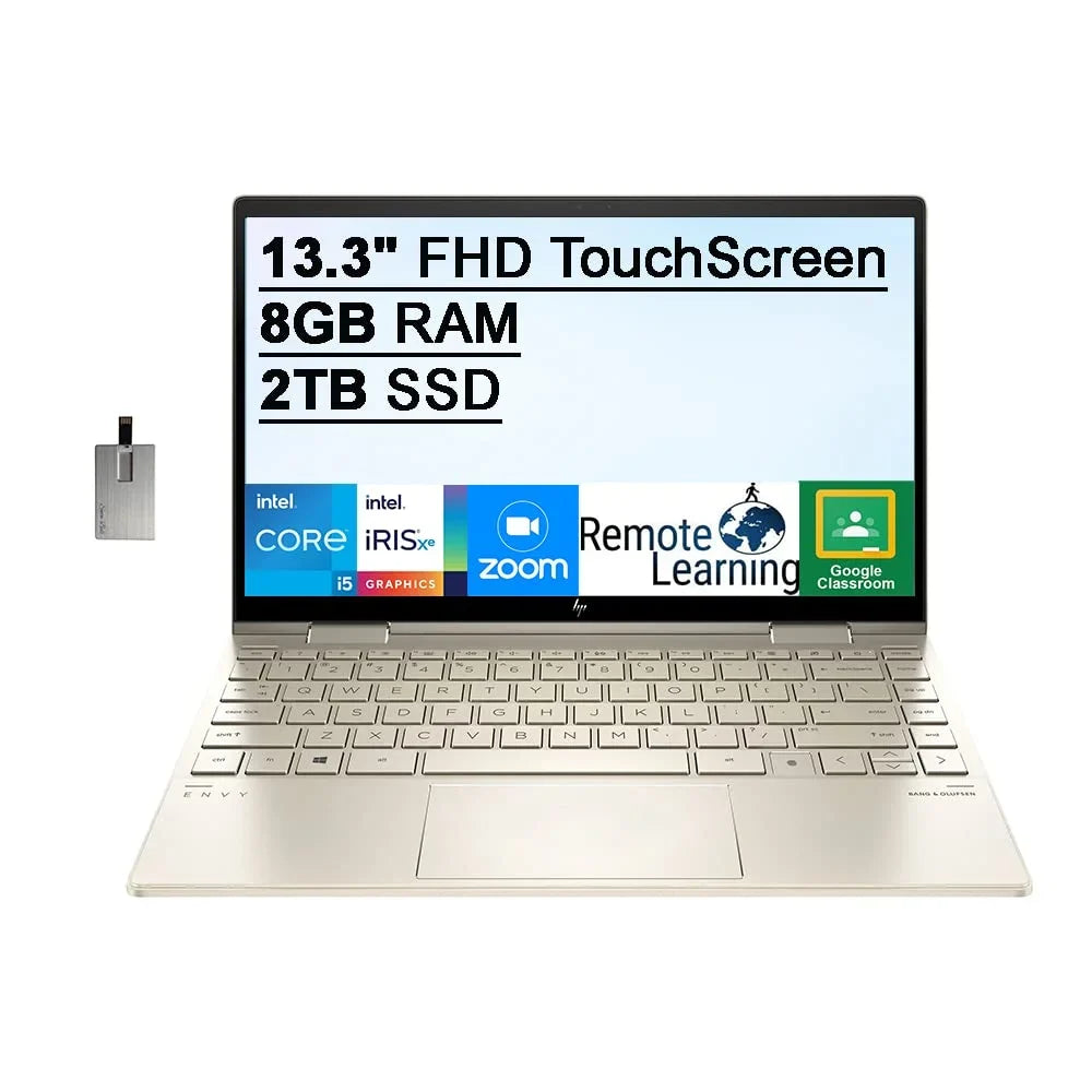 2021 Envy X360 2-in-1 13.3" FHD Display Portable computer Core i5-1135G7 (Beats i7-1065g7), 8GB RAM, 2TB PCIe SSD, Backlit Keyboard, Iris Xe Graphics, Webcam, Windows 11, Gold, 32GB USB Card
