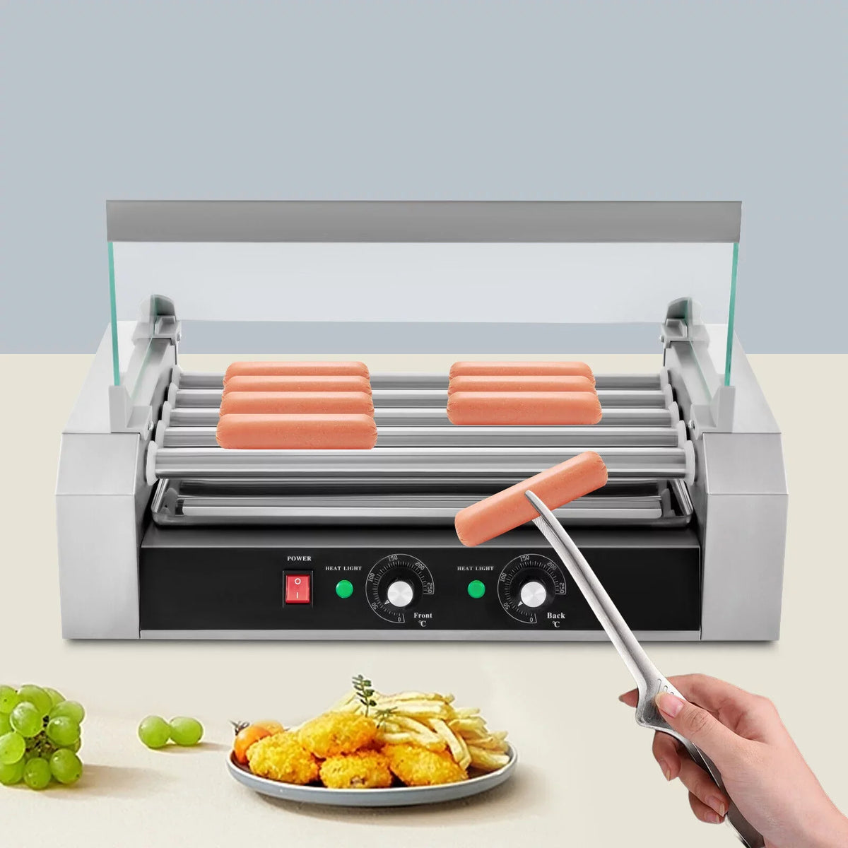 DENEST 110V Sausage Grilling Machine Set 12-Hot Dog Holds 0-250℃ W/5 Stainless Rollers
