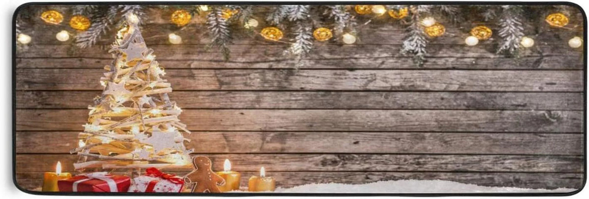 Bestwell Christmas Tree Runner Rug with Rubber Backing, Soft Vintage Wooden Background Non Slip Entryway Rug Runner, Washable Area Rug Carpet for Hallway Bedroom Kitchen Decor,24x72 inch