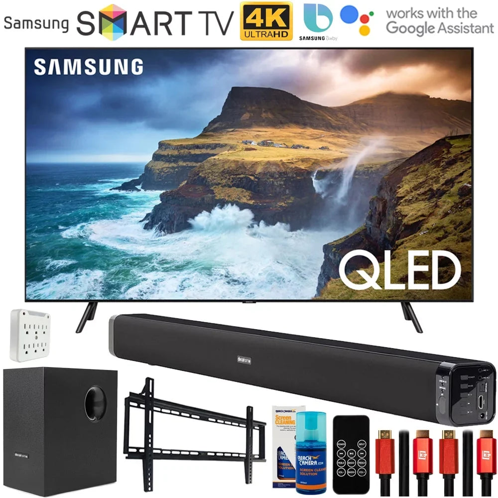QN65Q70RAFXZA 65 inch Q70 QLED Smart 4K UHD TV 2019 Model Bundle with 60W Soundbar with Subwoofer, 2x HDMI Cable, 6-Outlet Surge Adapter, Flat Wall Mount Kit and Monitor Cleaner
