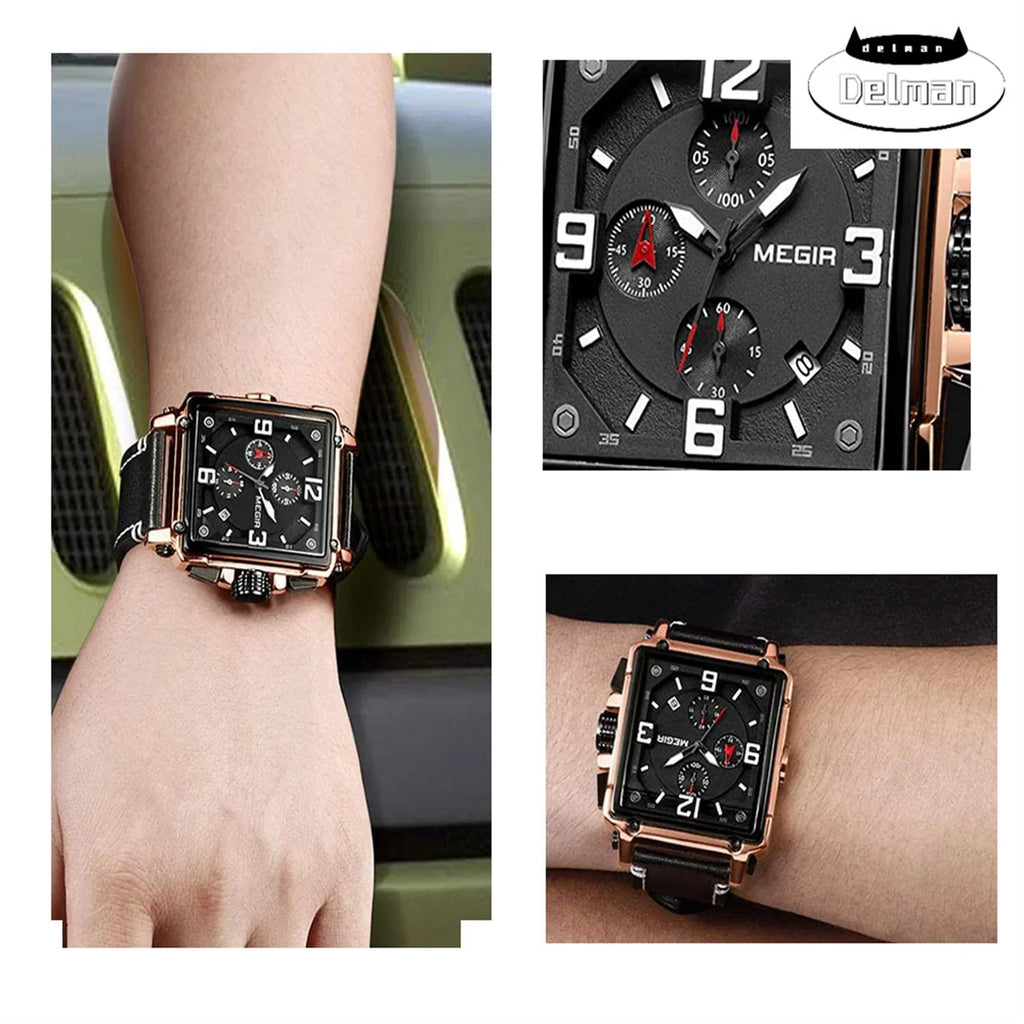 Men's Fashion Leather Strap Quartz Watches Luxury Square Dial Chronograph Wristwatch Casual Liquid Luminous Watch for Man