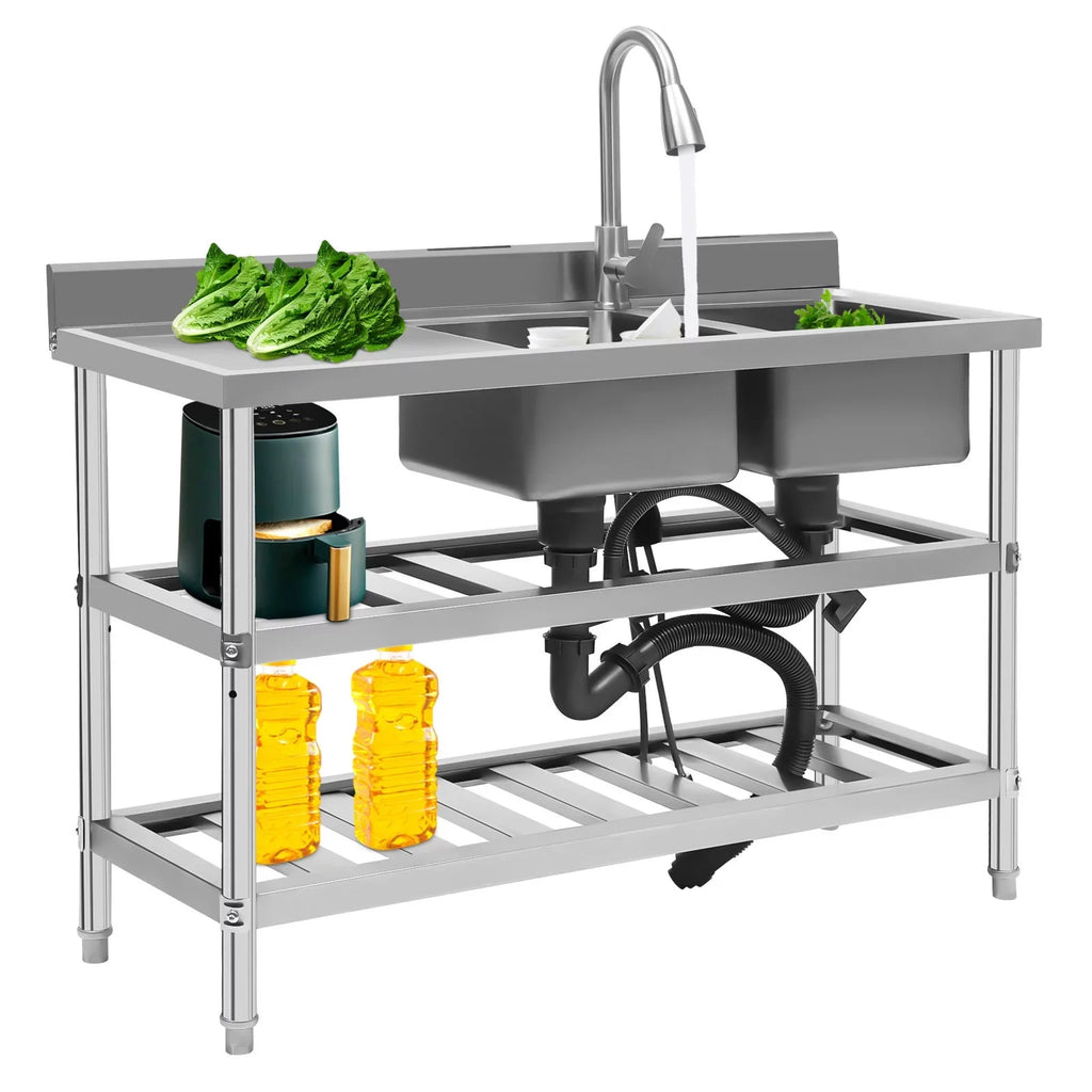 Wuzstar Commercial Utility Sink, Stainless Steel Double Bowl Kitchen Sink with Hot and Cold High Faucet
