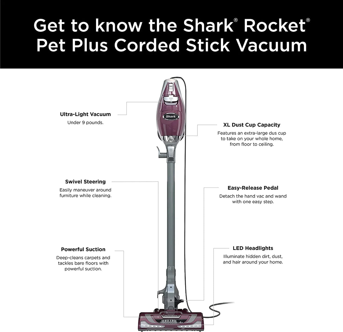 HV322 Rocket Pet Plus Corded Stick Vacuum with LED Headlights, XL Dust Cup, Lightweight, Perfect for Pet Hair Pickup, Converts to a Hand Vacuum, with (2) Pet Attachments, Bordeaux/Silver