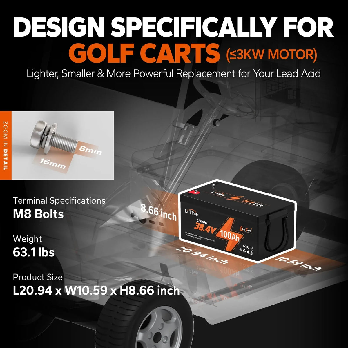 LiTime 36V 100Ah Golf Cart LiFePO4 Lithium GC2 Battery, Built-in 200A BMS, Max. 15000 Deep Cycle, Max. Power 7.68kW and Support 2C Discharge, Perfect for Golf Cart, RV, Trolling Motor, Lawn Mower