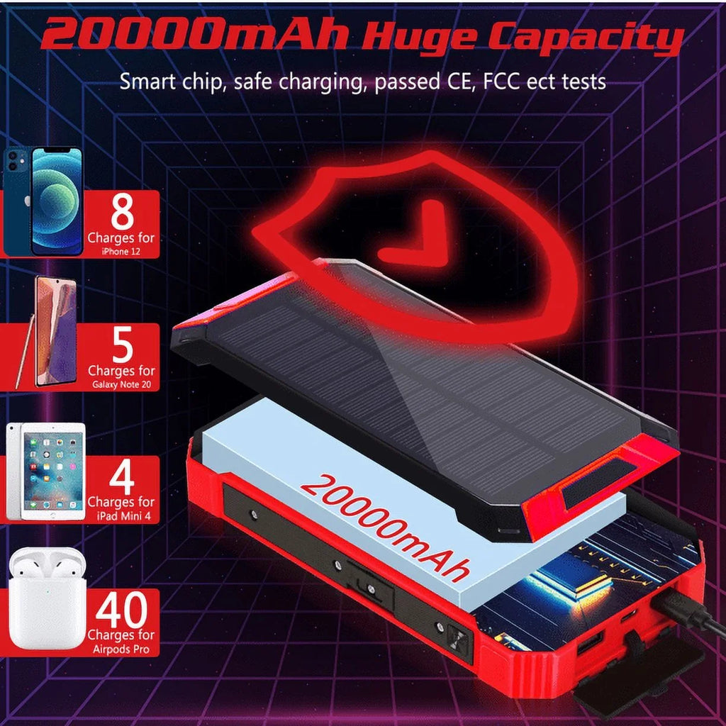 Solar Power Bank 20000mAh Built-in 4 Cables Qi Wireless Charger For Ulefone Armor 9 with LED Flashlight Solar Portable External Battery IPX4 Fluid 15W 5V/3A USB C Port 6 Outputs 3 Inputs