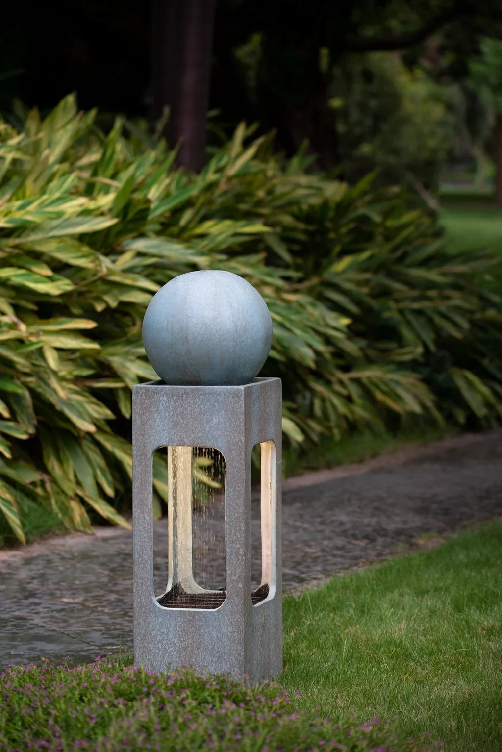 CoSoTower 13X13X44" Tall Contemporary Sphere Outdoor Liquid Fountain, Cement/Concrete Outdoor Fountain, Antique Blue Raindrop Liquid Feature with Light for Garden, Lawn, Deck & Patio
